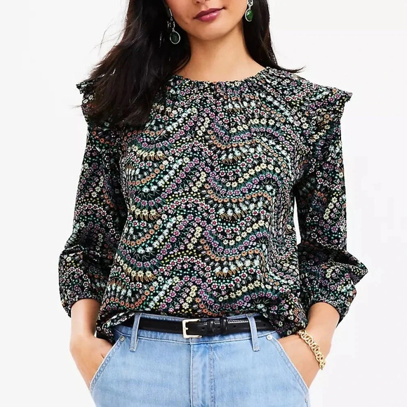 LOFT Blouse long sleeve Petite Garden Dobby Tie Back Ruffle top floral print bow - Picture 7 of 8